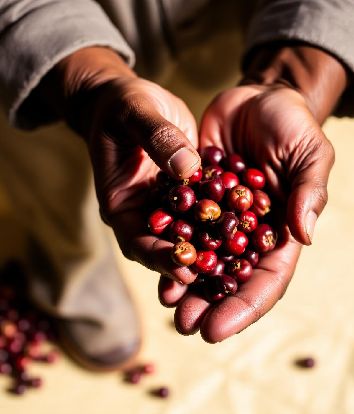 Mãos de produtor segurando cerejas de café maduras